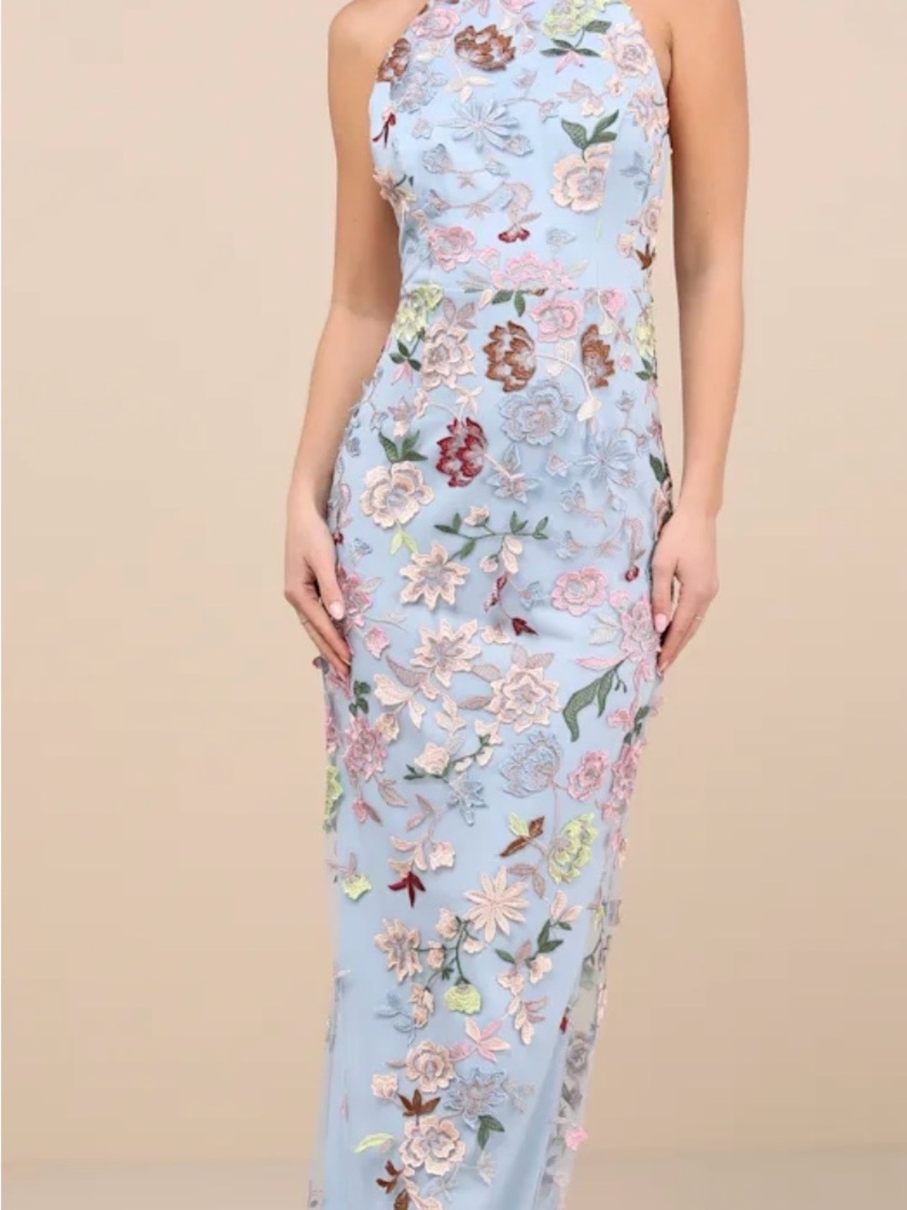 Elegant Light Blue Floral Embroidered Halter Evening Dress